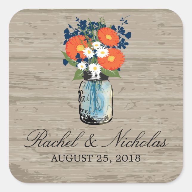 Mason Jar Floral Wedding Quadratischer Aufkleber (Vorderseite)