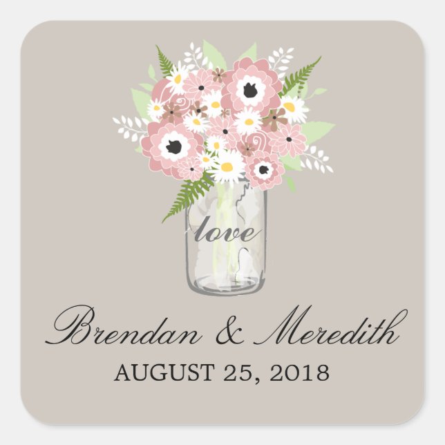 Mason Jar Floral Wedding Quadratischer Aufkleber (Vorderseite)
