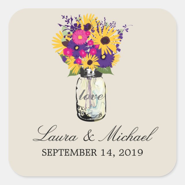 Mason Jar Floral Wedding Quadratischer Aufkleber (Vorderseite)