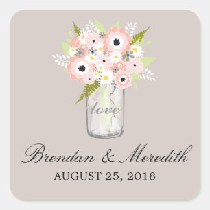 Mason Jar Floral Wedding Quadratischer Aufkleber