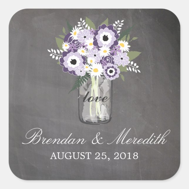 Mason Jar Floral Wedding Quadratischer Aufkleber (Vorderseite)