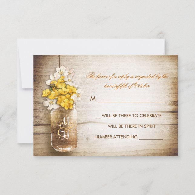 Mason jar & gelbe weiße Blume Hochzeit RSVP Karte (Vorderseite)