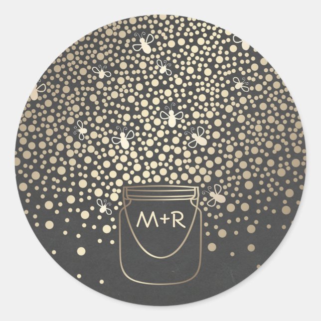 Mason Jar Gold Fireflies Rustic Chalkboard Wedding Runder Aufkleber (Vorderseite)