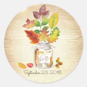 Mason Jar Herbstlaubs Rustic Wood Wedding Runder Aufkleber