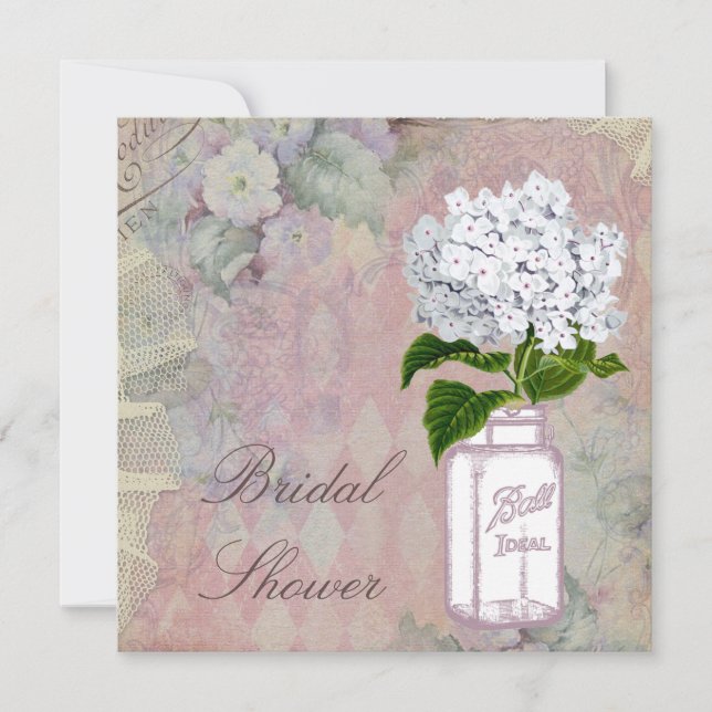 Mason Jar Hydrangea Shabby Chic Brautparty Einladung (Vorderseite)
