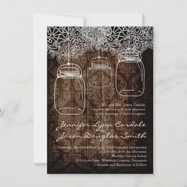 Mason Jar Lace Barn Wood Wedding Einladungen (Vorderseite)