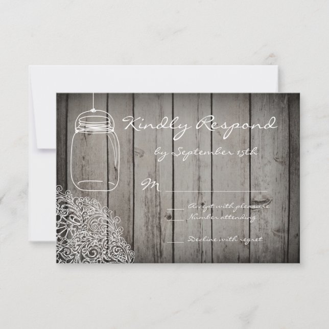 Mason Jar Lace Barn Wood Wedding RSVP Cards (Vorderseite)