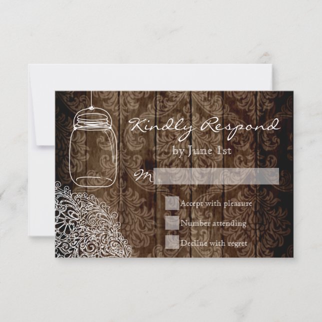 Mason Jar Lace Barn Wood Wedding RSVP Cards Karte (Vorderseite)