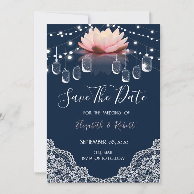 Mason Jar, Lace, Lotus Navy Blau Save the Date (Vorderseite)