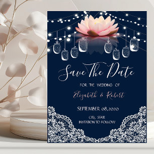 Mason Jar, Lace, Lotus Navy Blau Save the Date