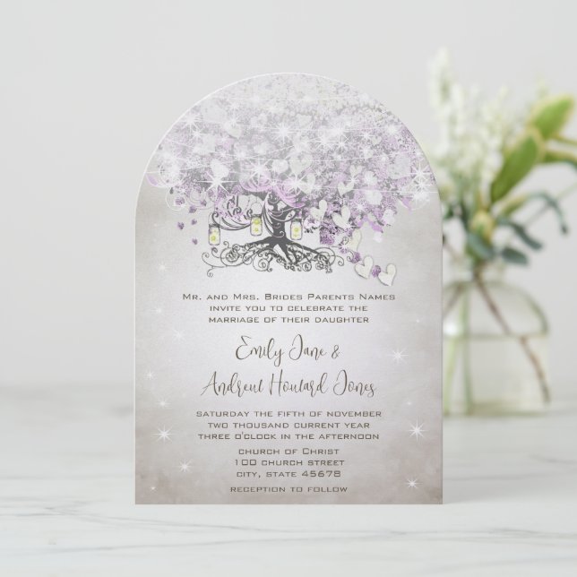 Mason Jar Lavender Heart Leaf Tree Wedding Einladung (Stehend Vorderseite)