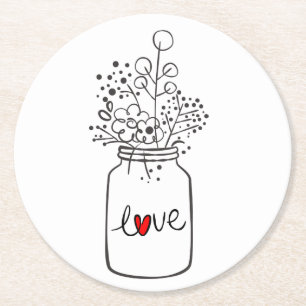 Mason Jar Liebe Rustikale Landhochzeit Schwarz Wei Runder Pappuntersetzer