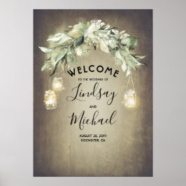 Mason Jar Lights and Greenerity Wedding Willkommen Poster