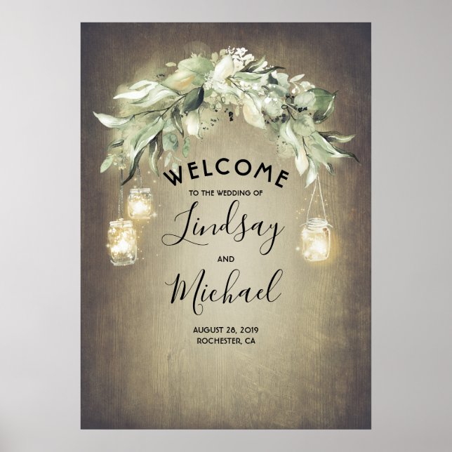 Mason Jar Lights and Greenerity Wedding Willkommen Poster (Vorne)