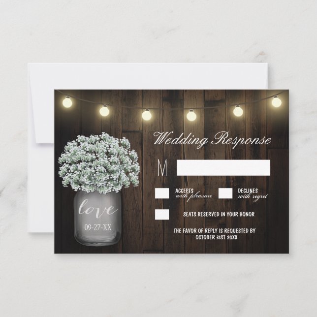 Mason Jar Lights Babys Breath Wedding RSVP Cards Karte (Vorderseite)