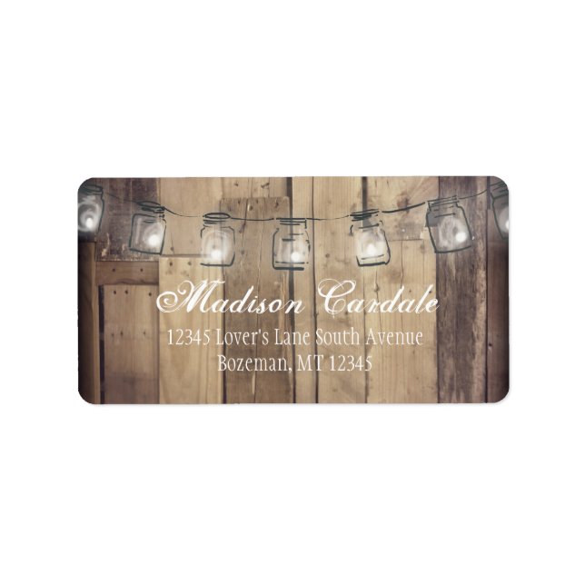 Mason Jar Lights Barn Wood Wedding Address Labels Adressaufkleber (Vorne)