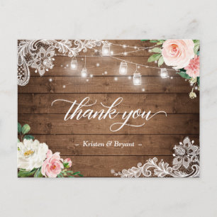Mason Jar Lights Floral Rustic Wedding Vielen Dank Postkarte