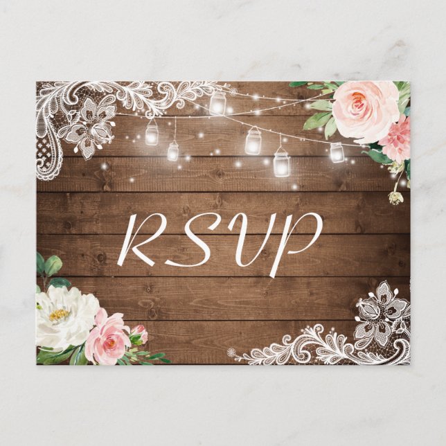 Mason Jar Lights Lace Floral Rustic Wedding RSVP Einladungspostkarte (Vorderseite)