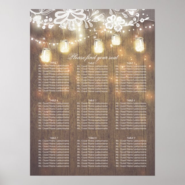 Mason Jar Lights Lace Wood Wedding Chart Poster (Vorne)