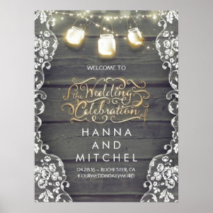 Mason Jar Lights Lace Wood Wedding Willkommenszeic Poster