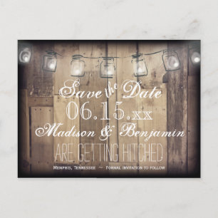 Mason Jar Lights Rusti Wood Save the Date Postcard Ankündigungspostkarte