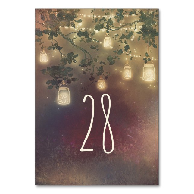 Mason Jar Lights Rustic Tree Wedding Tischnummer (Vorderseite)