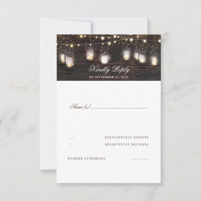 Mason Jar Lights Rustic Wedding RSVP Karte (Vorderseite)