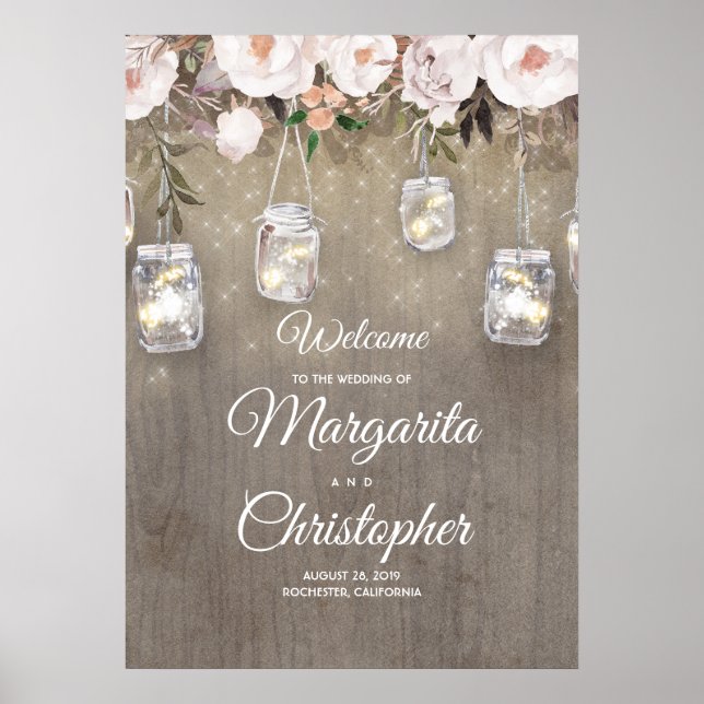 Mason Jar Lights Rustikale Hochzeit Begrüßungszeic Poster (Vorne)