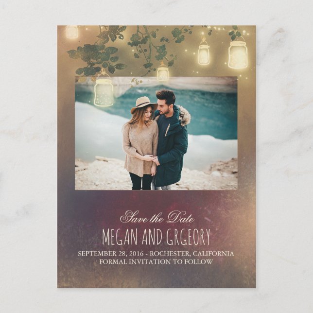 Mason Jar Lights Tree Rustikales Foto Save the Dat Ankündigungspostkarte (Vorderseite)