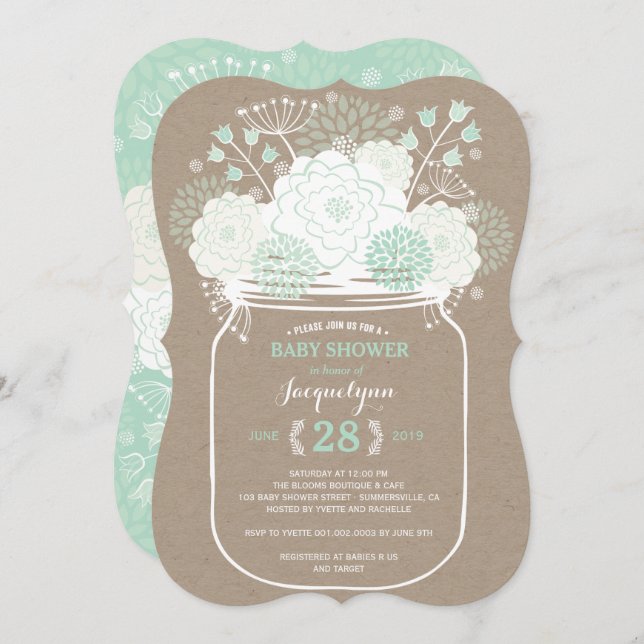 Mason Jar Mint Blooms Kraft Babydusche einladen Einladung (Vorne/Hinten)