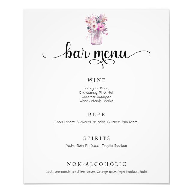 Mason Jar mit Blume Wedding Bar Menu Poster (Vorne)