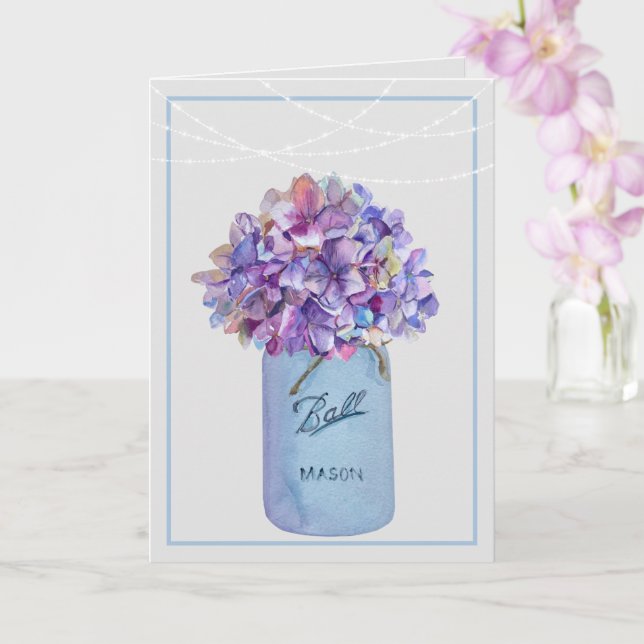 Mason Jar mit Lila Hydrangeas-String-Leuchten Karte (Orchidee)