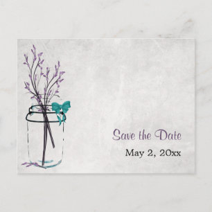 Mason Jar mit Lila Zweigen - Save the Date Ankündigungspostkarte