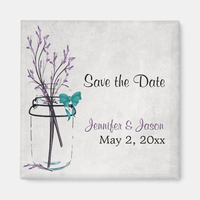 Mason Jar mit Lila Zweigen - Save the Date Magnet (Vorne)