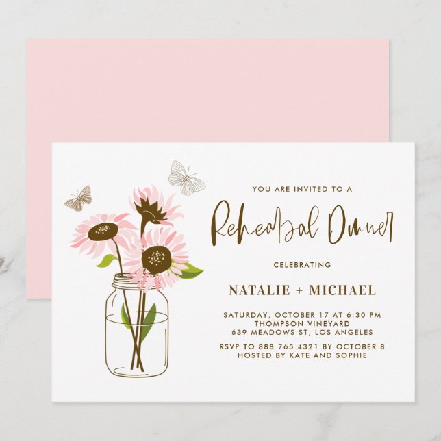 Mason Jar mit Rosa Sonnenblumen Probe Abendessen Einladung (Vorne/Hinten)