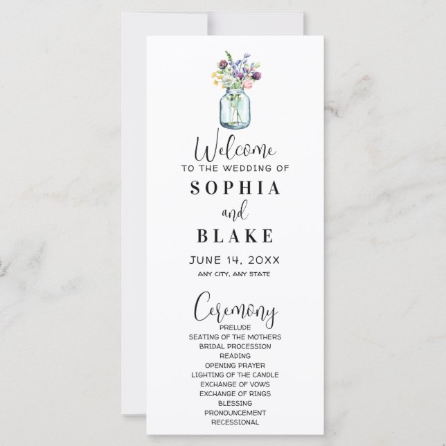 Mason Jar mit Wildblumen White Wedding Programm (Vorderseite)