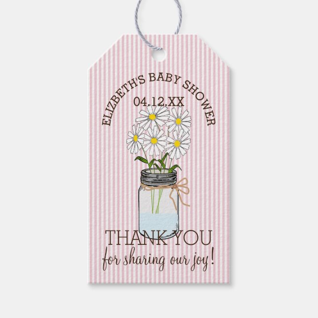 Mason Jar on Pink Stripes Kinderdusche Vielen Dank Geschenkanhänger (Vorderseite)