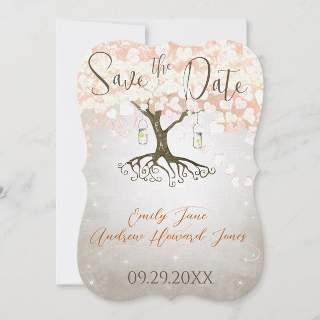 Mason Jar Peachy Heart Leaf Tree Save the Date (Vorderseite)