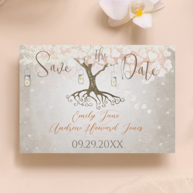 Mason Jar Peachy Pink Heart Leaf Tree Save The Date (Von Creator hochgeladen)
