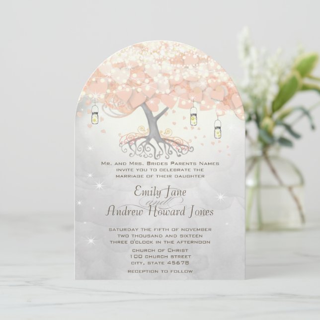 Mason Jar Peachy Pink Heart Leaf Tree Wedding Einladung (Stehend Vorderseite)