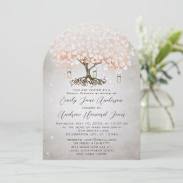 Mason Jar Peachy Pink Heart Leaf Tree Wedding Einladung