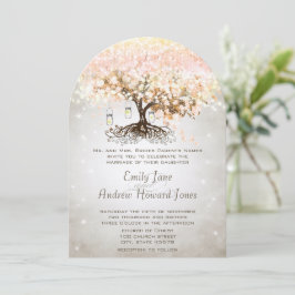 Mason Jar Peachy Pink Heart Leaf Tree Wedding Einladung