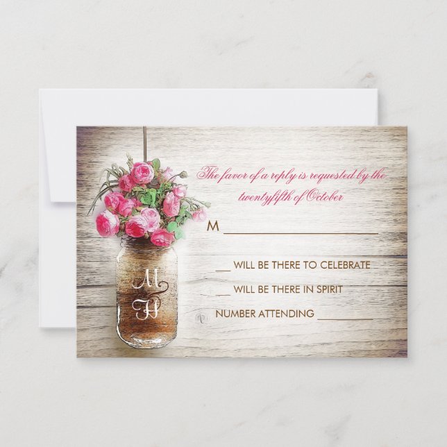 Mason jar & pink Blume Hochzeit RSVP Karte (Vorderseite)