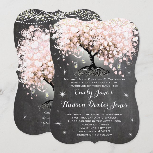 Mason Jar Pink Chalkboard Herz Leaf Tree Einladung (Vorne/Hinten)