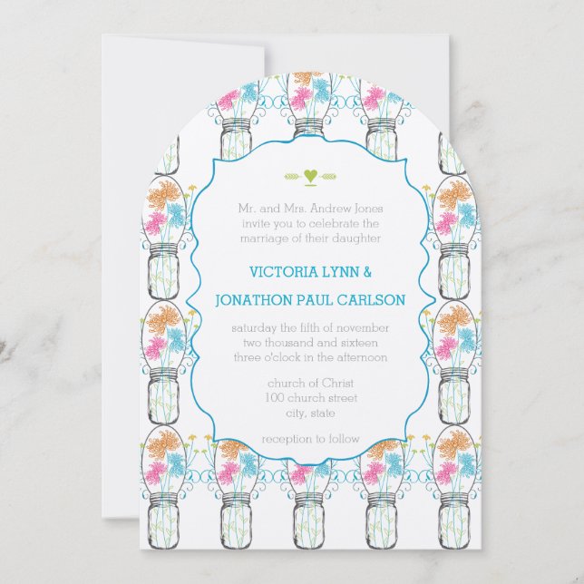 Mason Jar Pink Coral Limon Aqua Floral Wedding Einladung (Vorderseite)