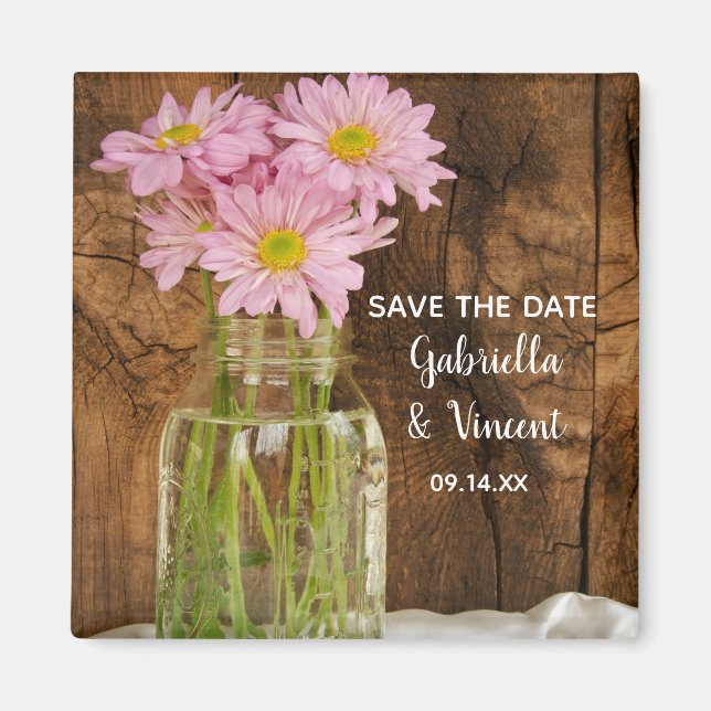 Mason Jar Pink Daisies Barn Wedding Save the Date Magnet (Vorne)