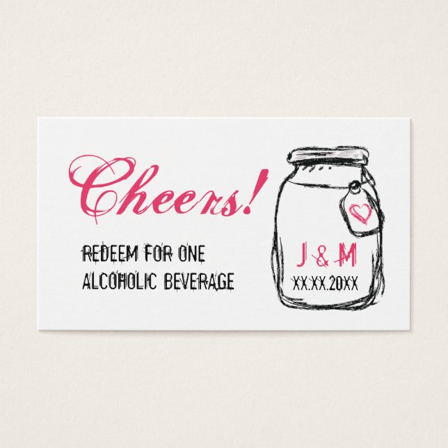 Mason Jar & Pink Heart Wedding Drink Ticket (Vorderseite)
