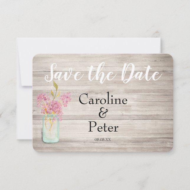 Mason Jar Pink Lilac Rustic Save the Date Card (Vorderseite)