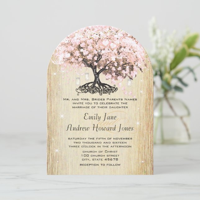 Mason Jar Pink Rose Gold Herz Leaf Tree Einladung (Stehend Vorderseite)