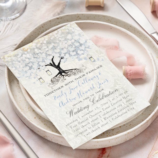 Mason Jar Powder Blue Heart Leaf Tree Damask Einladung (Von Creator hochgeladen)